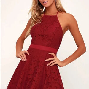 Lulus Twirling Around Wine Red Lace Skater Dress